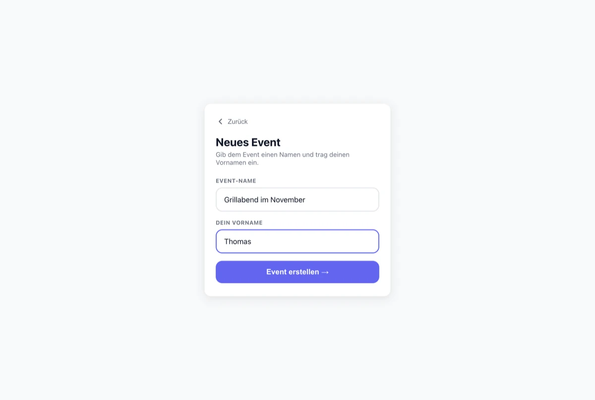Formular zum Anlegen eines neuen Events mit Feldern für Event-Name und Vorname