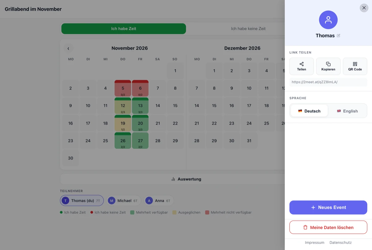 Menü von 2meet mit den Optionen Teilen, Kopieren und QR-Code sowie der Event-Adresse
