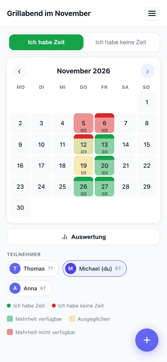2meet Kalender auf dem Smartphone mit Heatmap und Teilnehmerliste