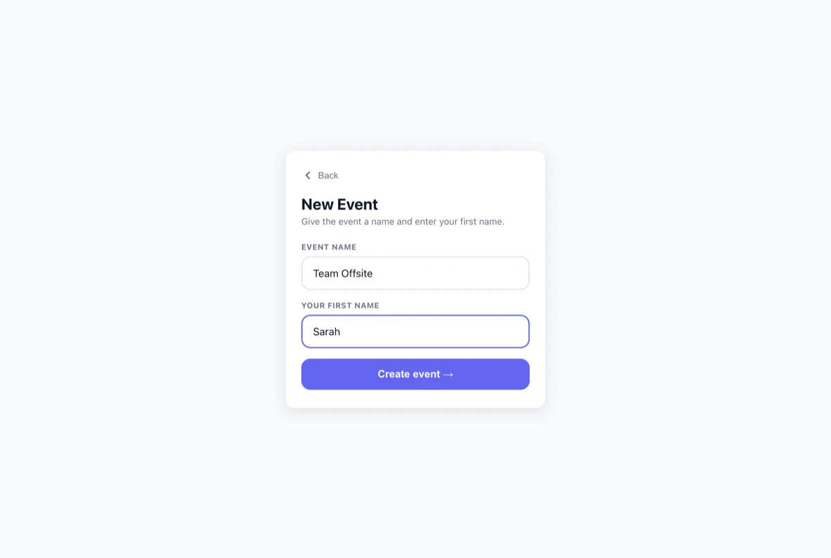 Form for creating a new event with fields for event name and first name