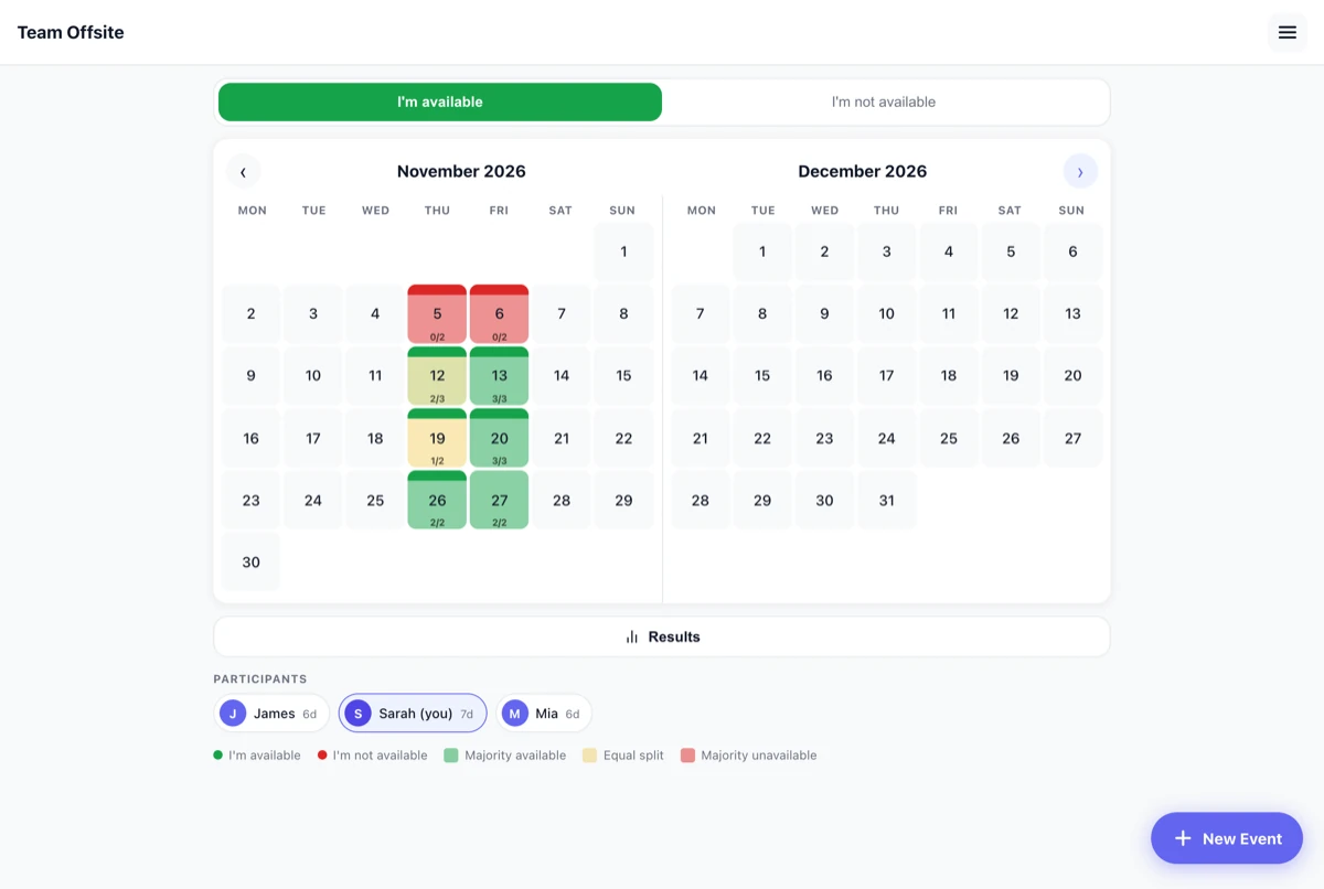 2meet calendar view with three participants and a colour-coded availability heatmap