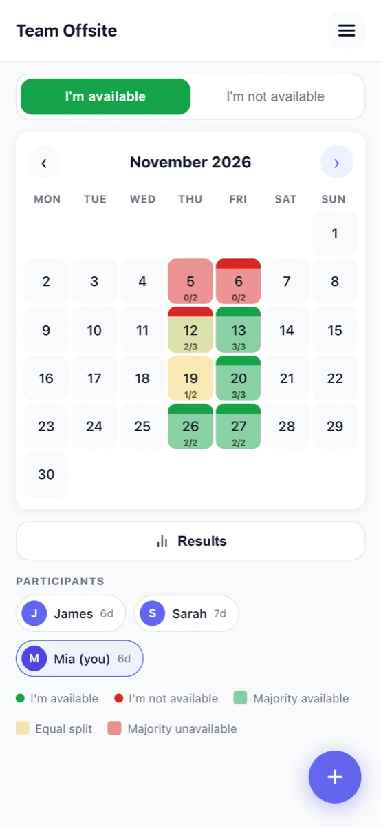 2meet calendar on a smartphone with heatmap and participant list